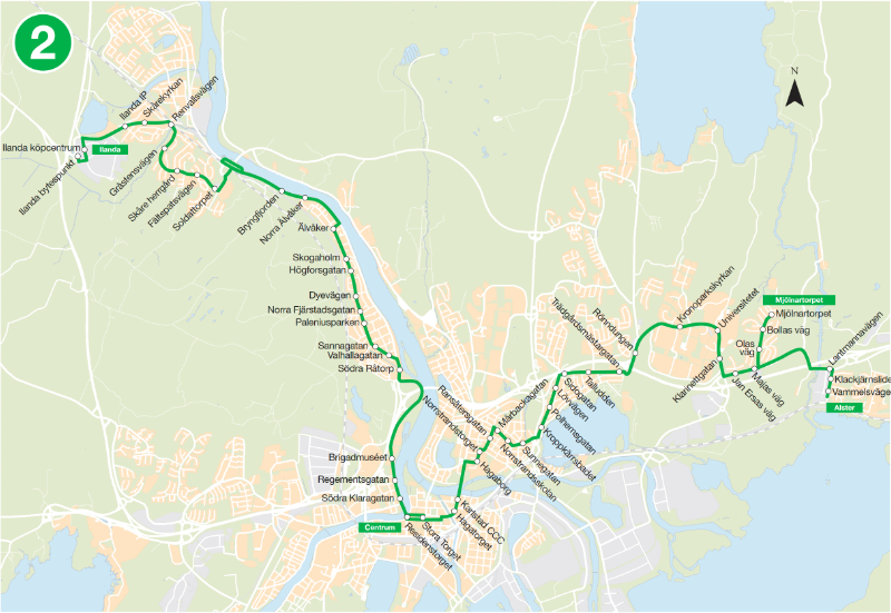 Linjedragning för Linje 2. Alster/Mjölnartorpet - Kronoparken – Norsstrand – Centrim - Skåre - Ilanda