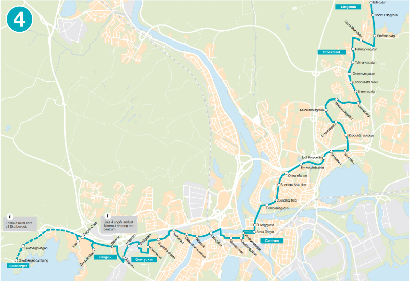 Linjedragning för Linje 4. Edsgatan – Stockfallet – Lorensberg – Norra Kroppkärr - Centrum – Strand – Gruvlyckan - Bergvik 