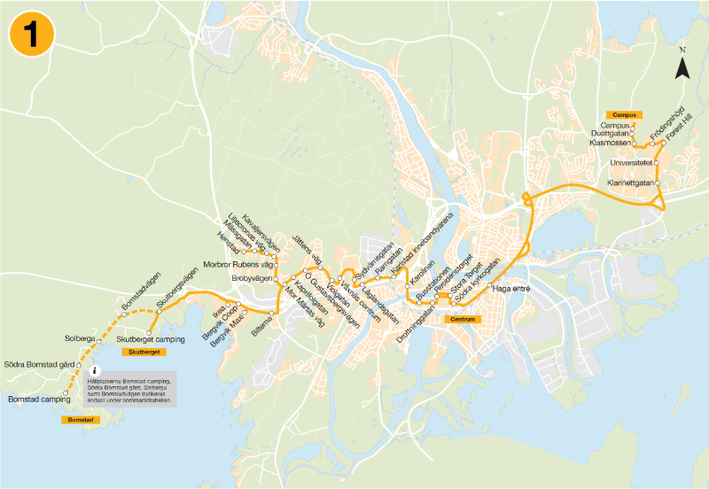 Bilden visar linjedragningen för Linje 1. Campus – Universitetet – Centrum - Våxnäs - Henstad/Ikea - (Skutberget)