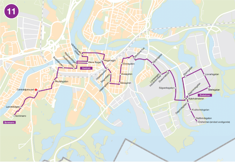 Linjedragning för Linje 11. Örsholmen - Lamberget – Herrhagen – Centrum – Sjukhuset - Sommarro