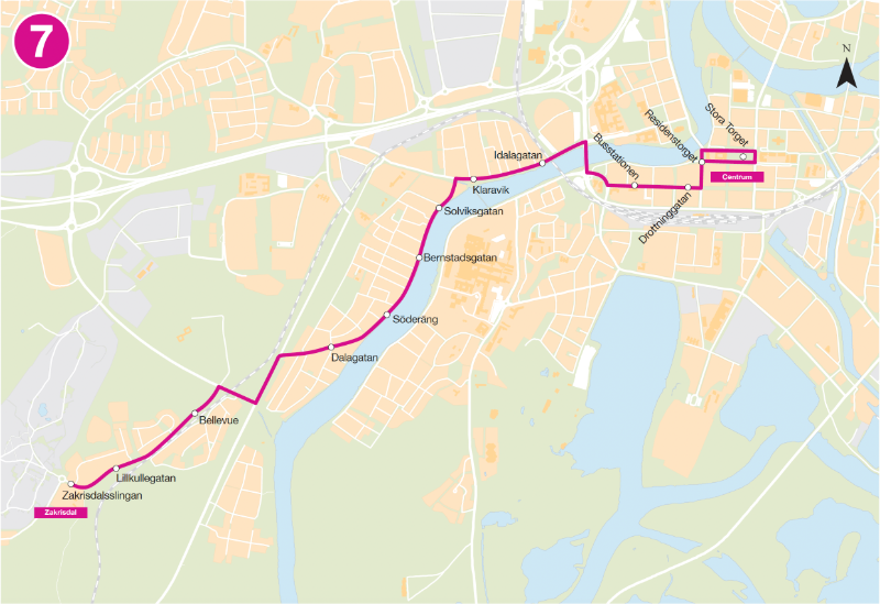 Linjedragning för Linje 7. Centrum – Romstad – Bellevue - Zakrisdal 