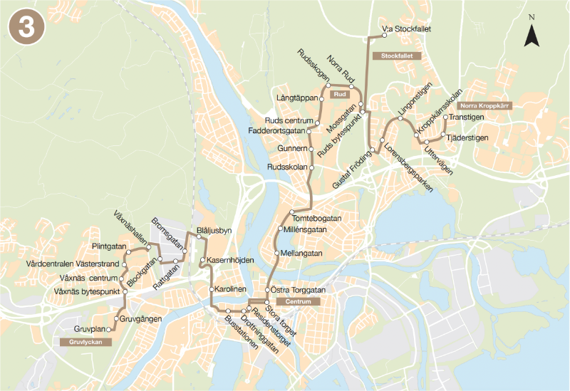 Linjedragning för linje 3. Västra Stockfallet/Norra Kroppkärr - Rud – Centrum - Våxnäs - Gruvlyckan 