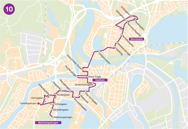 Linjedragning för Linje 10. Norrstrand – Centrum – Viken – Marieberg - Sjukhuset