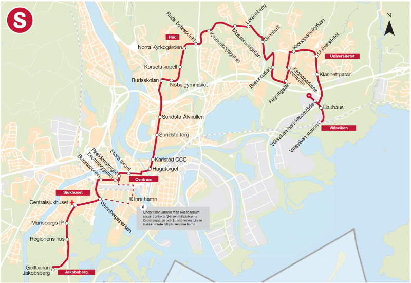 Karta över S-linjens dragning augusti 2025. Välsviken - Universitetet – Kronoparken – Rud – Centrum – Sjukhuset – Jakobsberg 