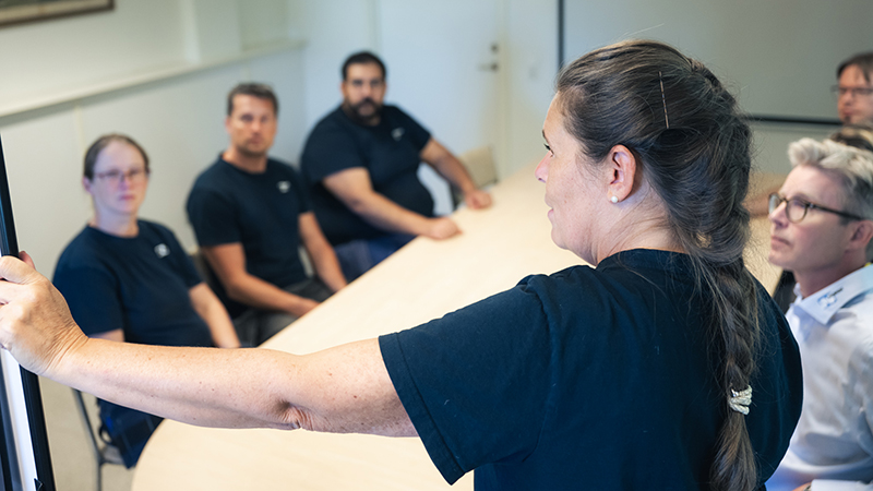 En grupp med människor i ett rum som blir visade något på en skärm av en kvinna med fläta och blå t-shirt.