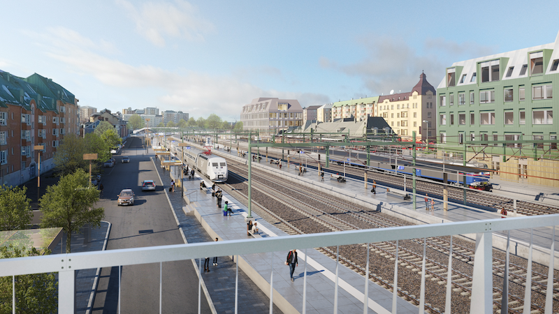 Skissbild av nya resecentrum med nya spår, tåglägen och perrongen på Karlstad C.