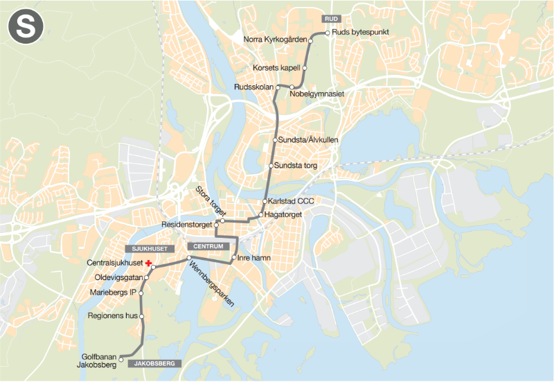 Karta över centrala Karlstad som visar linje S dragning