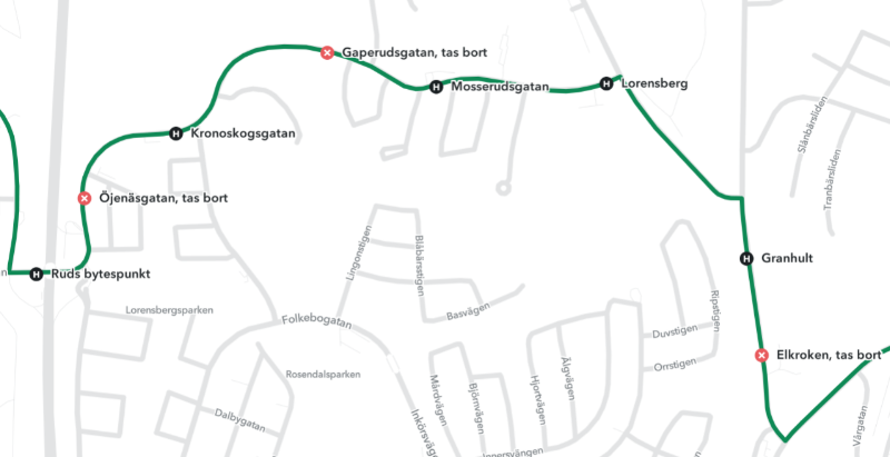 Kartan visar hållplatserna mellan Ruds bytespunkt och nuvarande hållplats Elkroken. Kartan visar att hållplats Öjenäsgatan, Gaperudsgatan och Elkroken kommer att tas bort. Ruds bytespunkt, kronoskogsgatan, Mosserudsgatan, Lorensberg och Granhult är kvar.