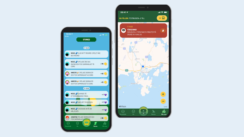 Två iphones som visar Bussklubben, ena mobilen med notiser och andra mobilen visar funktionen buss på karta. 
