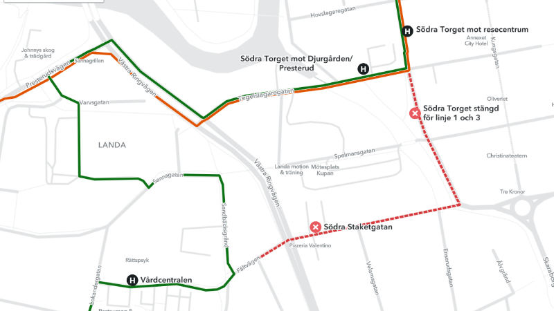 Karta över Kristinehamns centrum som visar nya linjedragningen, stängda hållplatser och ny tillfällig hållplats.