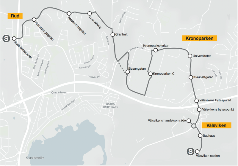 Karta över Karlstadsstråkets planerade sträckning från Ruds bytespunkt mot Välsviken station, via Lorensberg, Södra Kronoparken, Kronoparken C, Universitetet, Välsvikens bytespunkt och Välsvikens handelsområde.