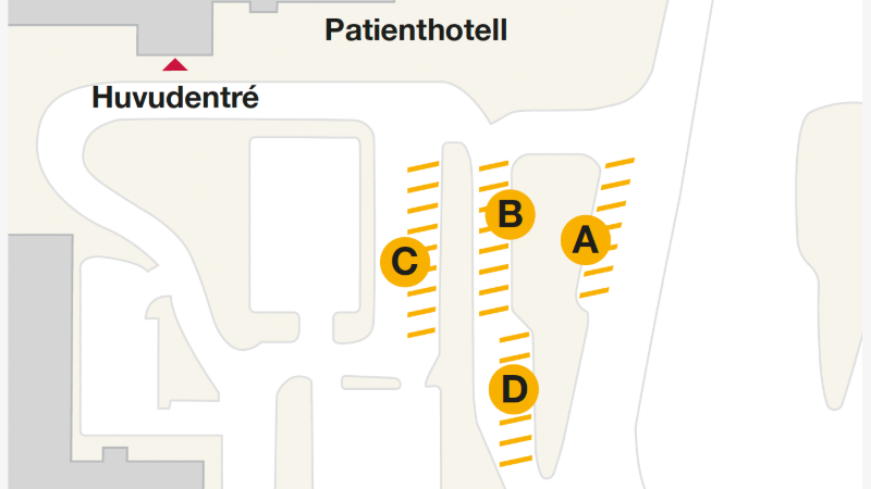 Karta över hållplats Centralsjukhusets olika lägen. A = Buss. B = Buss. C = Servicelinjer Värmland. D = Servicelinjer Örebro - Uppsala.