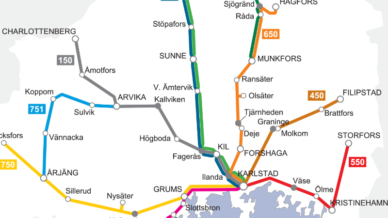 Beskuren karta över hur Värmlandstrafiks servicelinjer går i Värmland