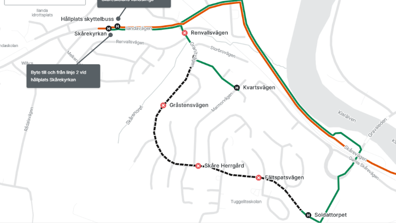 Karta som visar hållplatser och bussars körvägar på Skåreberget
