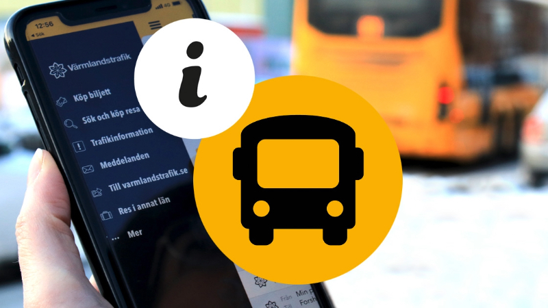 Bild med en bussikon på. i bakgrunden syns ett foto på en hand som håller upp en mobil där Värmlandstrafikappen är igång.