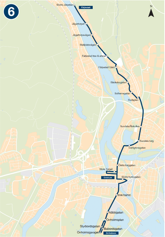 Linjedragning för linje 6. Orrholmen – Centrum – Norrstrand - Färjestad 