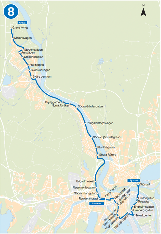 Linjedragning linje 8, Sjöstad - Lamberget – Herrhagen – Centrum - Skåre - Grava 