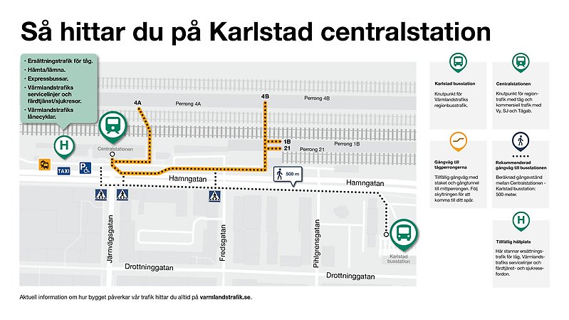 Illustrerad karta över Karlstad Centralstation som visar gångvägarna till spåren. Här finns också symbolförklaring.