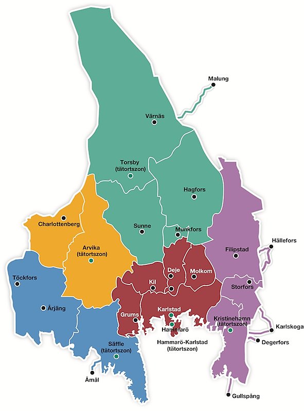 Illustrerad karta över Värmland indelad i olika zoner. 