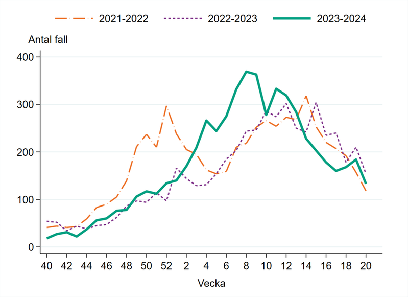 Antal laboratoriebekräftade fall av calicivirus (noro- och sapovirus) säsong 2021-2022, 2022-2023 och 2023-2024.