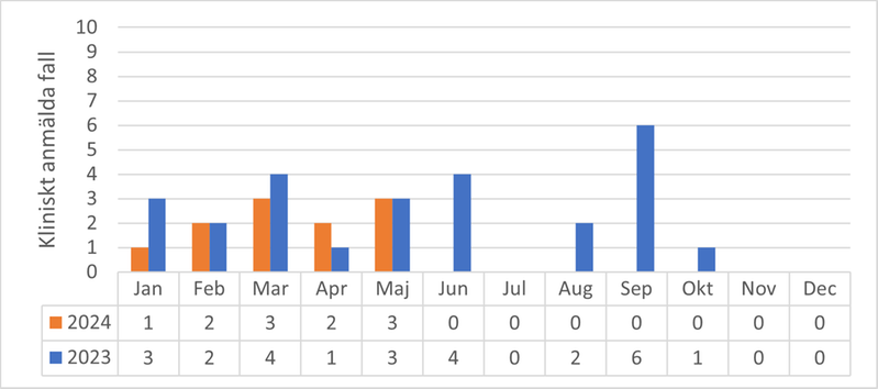 Tabell som visar antal fall av gonorré per månad i Värmland för 2023 och 2024.