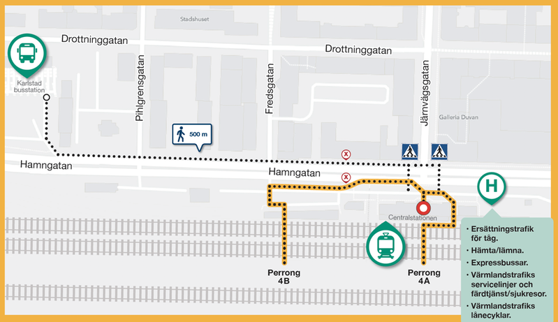 Karta med gångvägar och symboler som visar hur du tar dig fram på Karlstad centralstation.