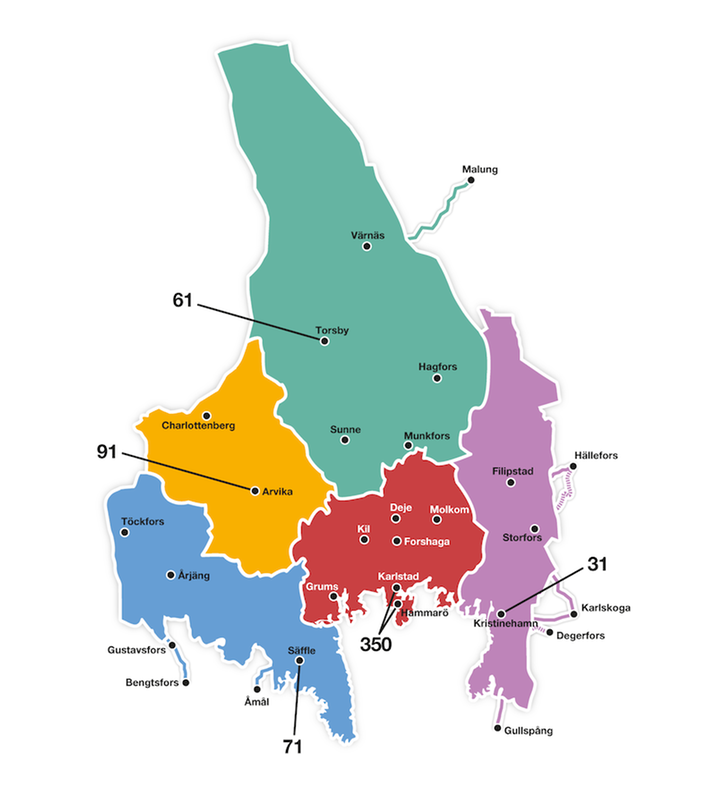 Illustrerad bild över Värmland som är markerad i olika färger utifrån våra zoner. 