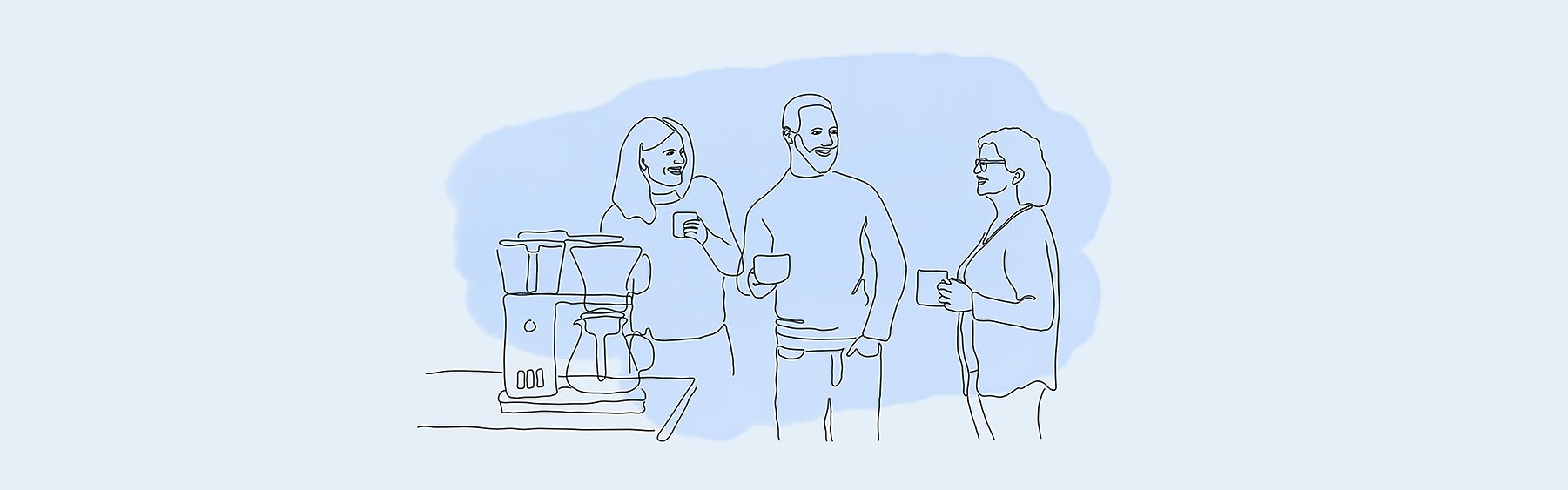 Tre arbetstagare vid kaffebryggaren.